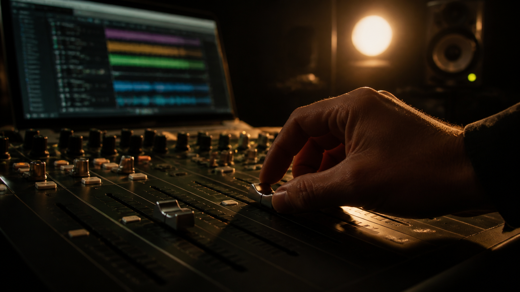 Sound engineer adjusting faders on a mixing console