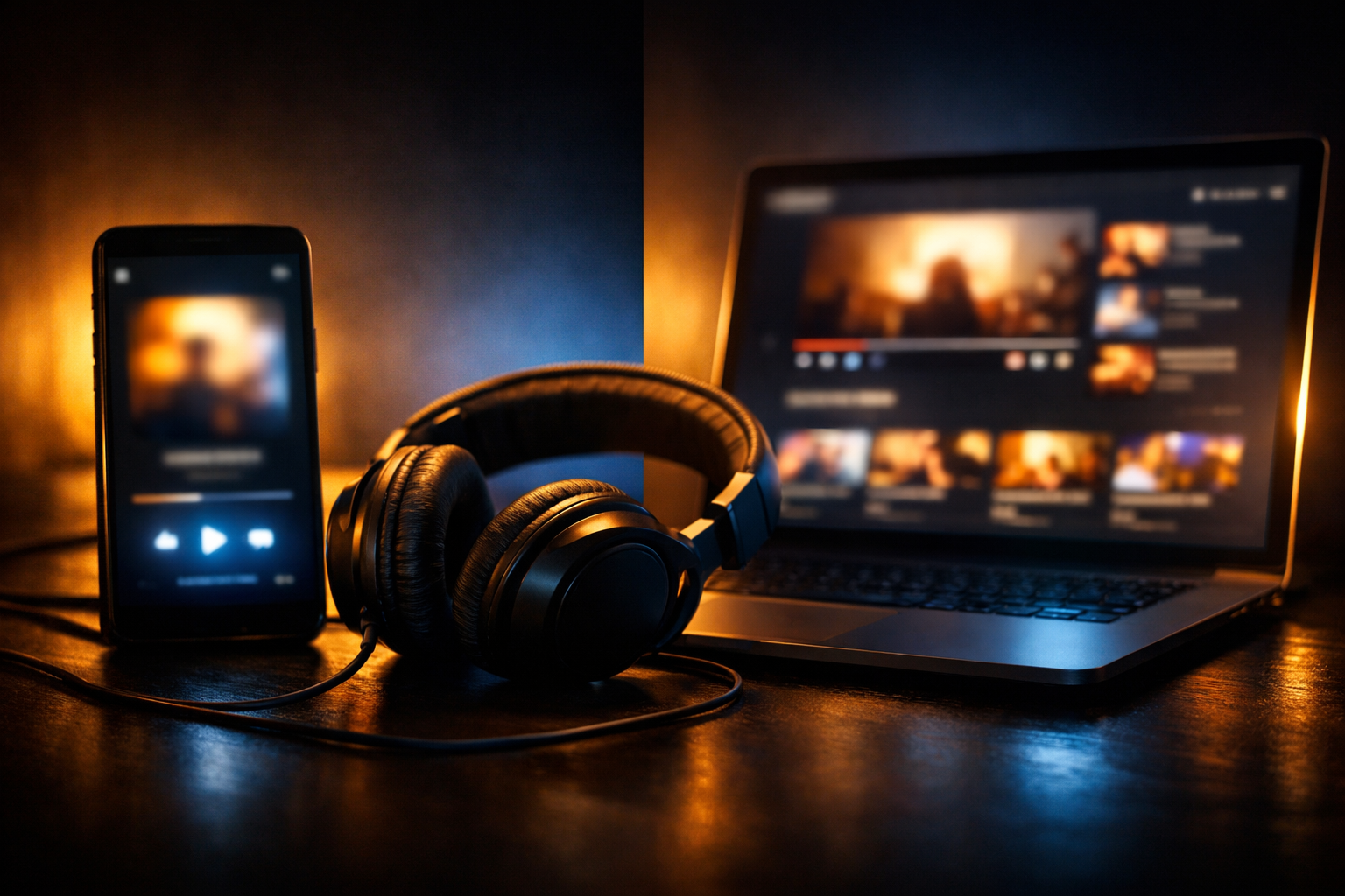 Smartphone and headphones next to a laptop